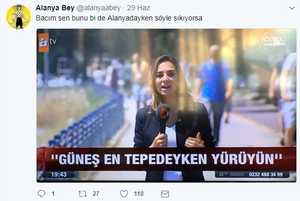 Alanya'daki sıcak havalarla ilgili tweetleri ile takipçilerini kahkahalara boğan Alanya Bey'inin (@alanyaabey) paylaşımlarını sizler için derledik.