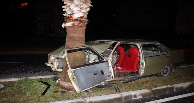 Palmiye ağacına çarpan otomobil hurdaya döndü