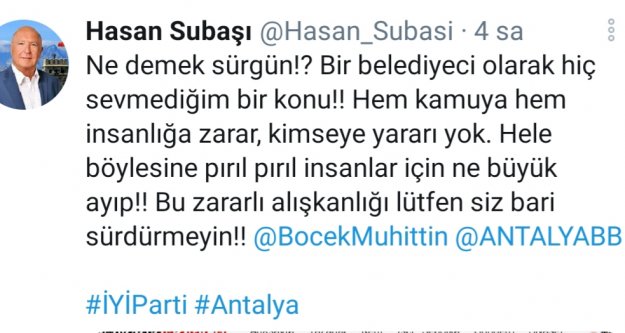 Hasan Subaşı'dan Muhittin Böcek'e sürgün tepkisi