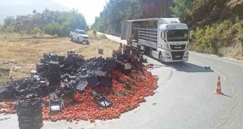 Domates yüklü tırın yükü yan yattı